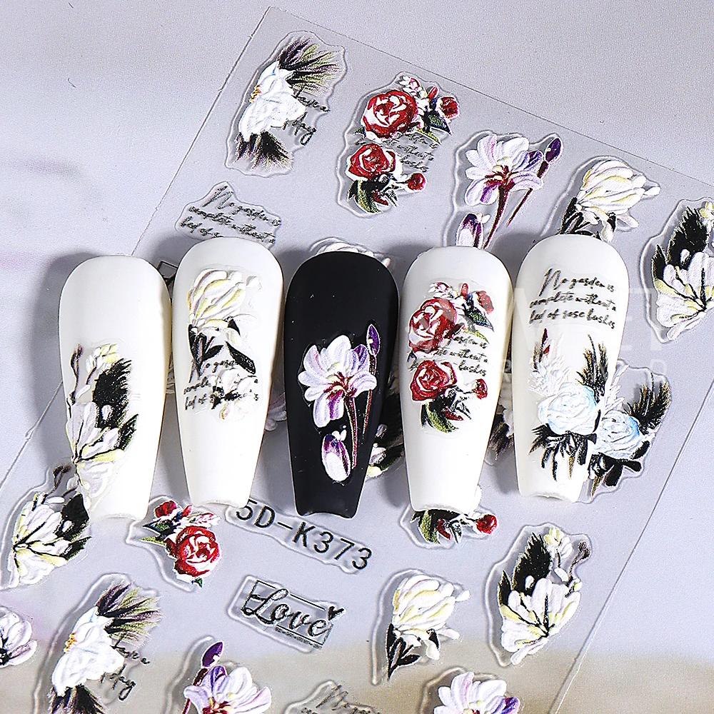 Purple Geometry Flower Nail Art Stickers 5D Embossed Self-Adhesive Rose Winter Nail Decals for Valentine's Day Manicure Decor