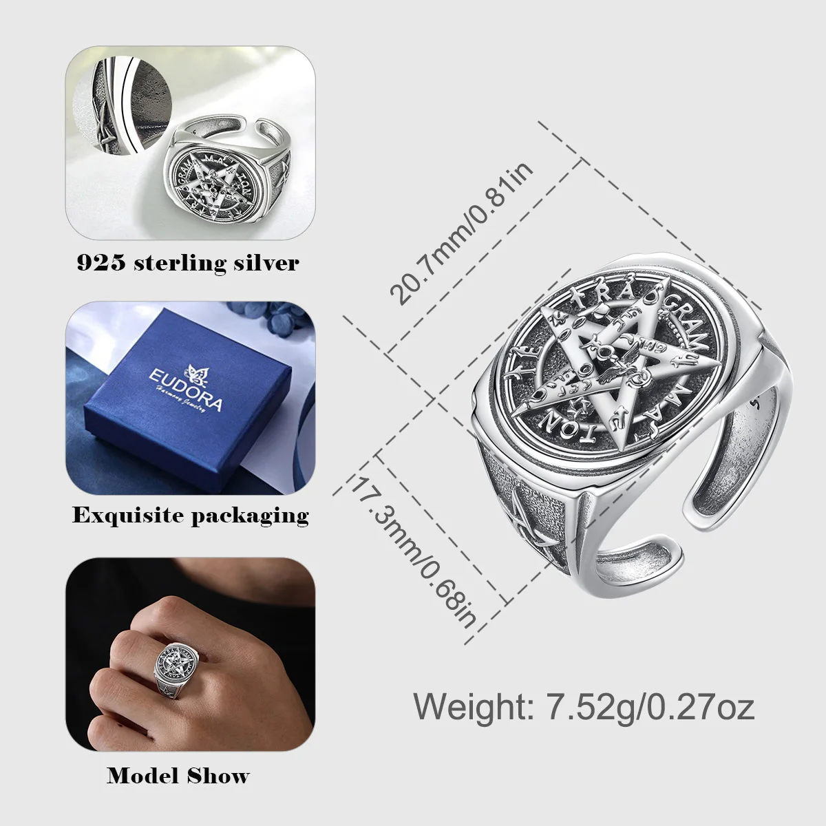 Eudora 925 Sterling Silver Pentagram Adjustable Ring for Men Women Amulet Guardian Star Tetragrammaton Ring Hip Hop Jewelry Gift 2