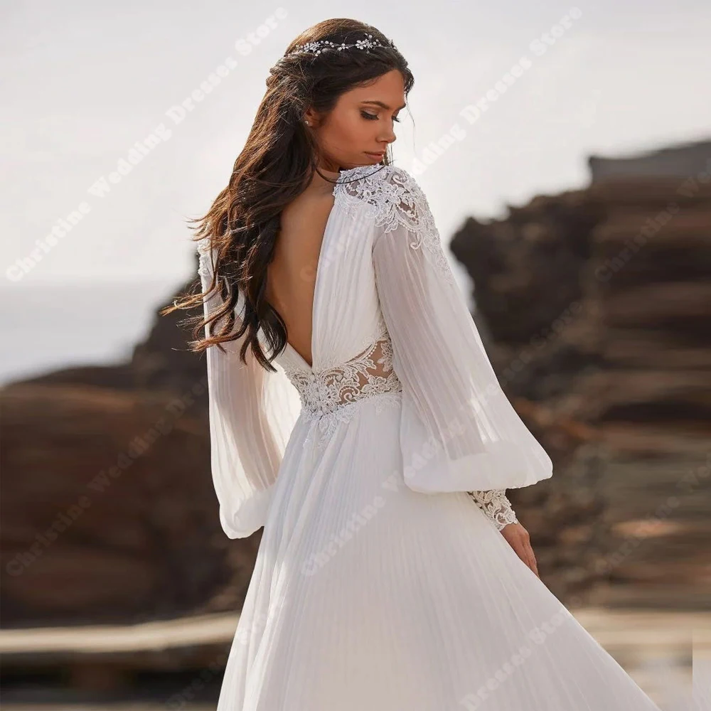 Elegant Women Wedding Dresses Deep-V A-Line Lace Bridal Gowns Backless Mopping Length Lace Printing Vestidos De Novia Customized - 4