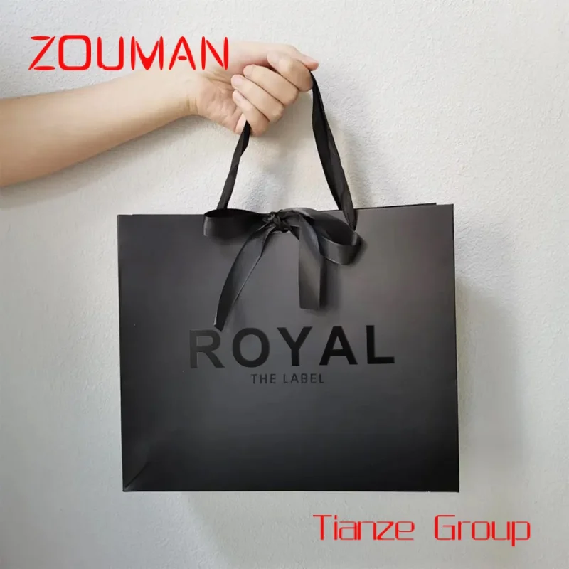 Custom , Biodegradable luxury matte black shopping packaging paper bags with custom your own logo gift retail handbag ribbon han