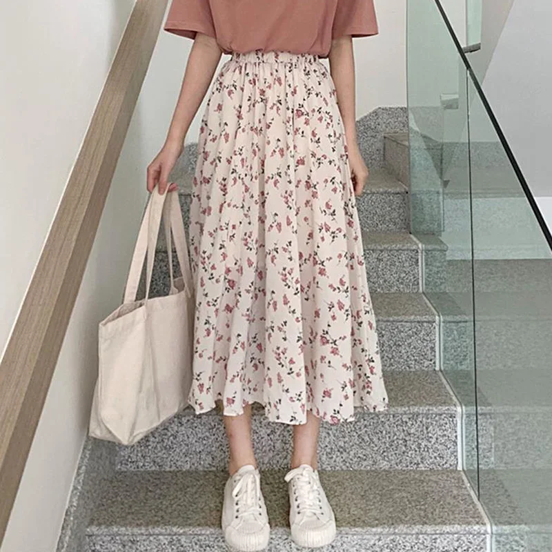 

New Summer Women Floral Long Skirts Korean Style Chiffon A-line Pleated Half Dress Elastic High Waist Female Vintage Maxi Skirt