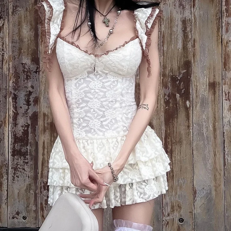 

Goth Dark Lace Ruffles Fairycore Mini Dresses Y2k Sheer Pleated A-line Cute Dress Gothic Women Lettuce Hem Sexy V-neck Clothes