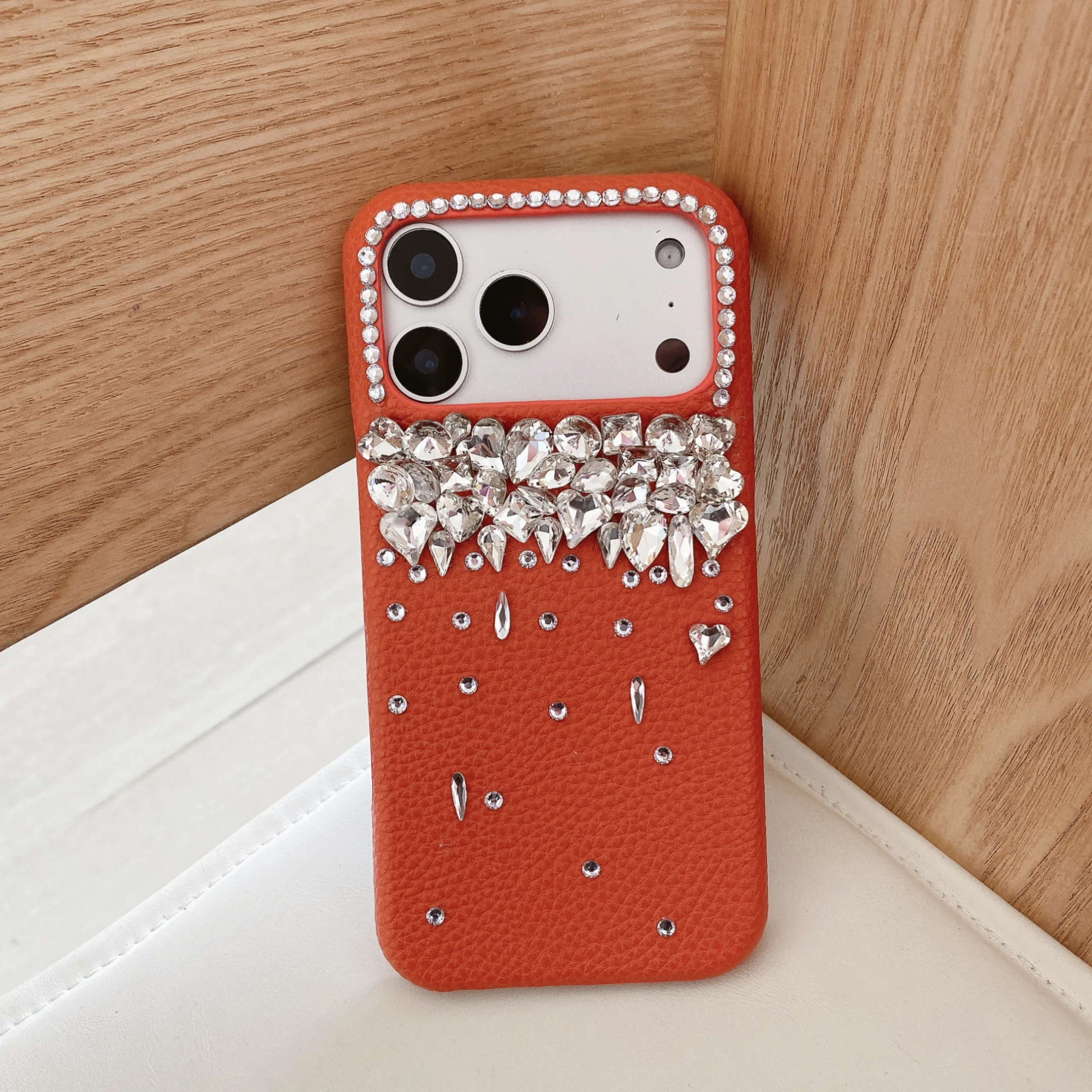 Luxury Orange Leather Glitter Diamond Phone Case with Rhinestone Accents