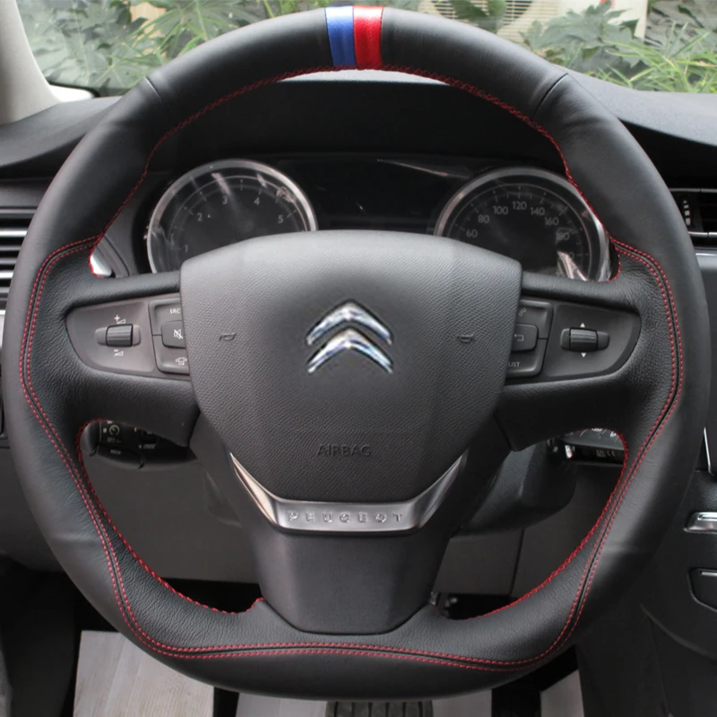 

Interior Accessories Hand-Stitched Non-Slip Genuine Leather Sports style Steering Wheel Cover for Citroen C3 C3-XR 2015-2019 C4