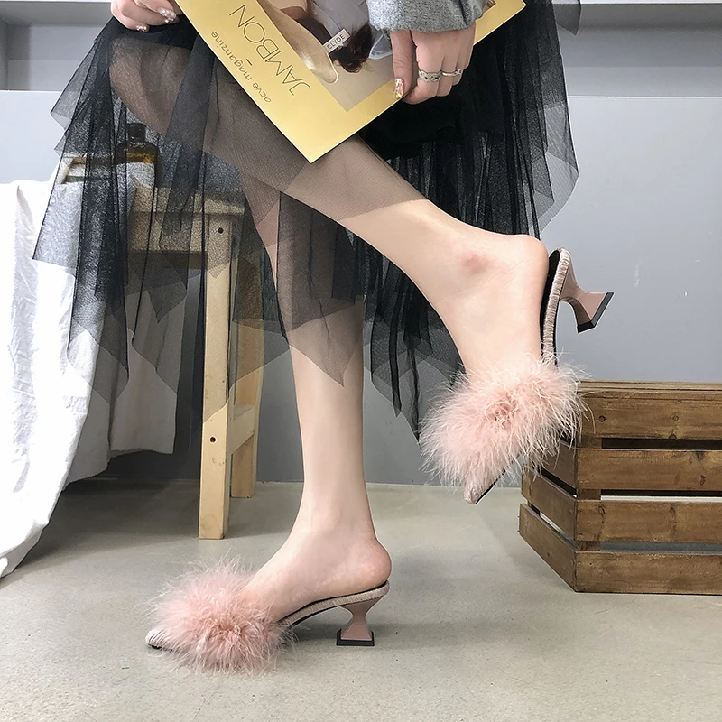 new women's set toe-shaped non-slip high heels fashion rubber bottom elastic cloth summer shallow fur shoes