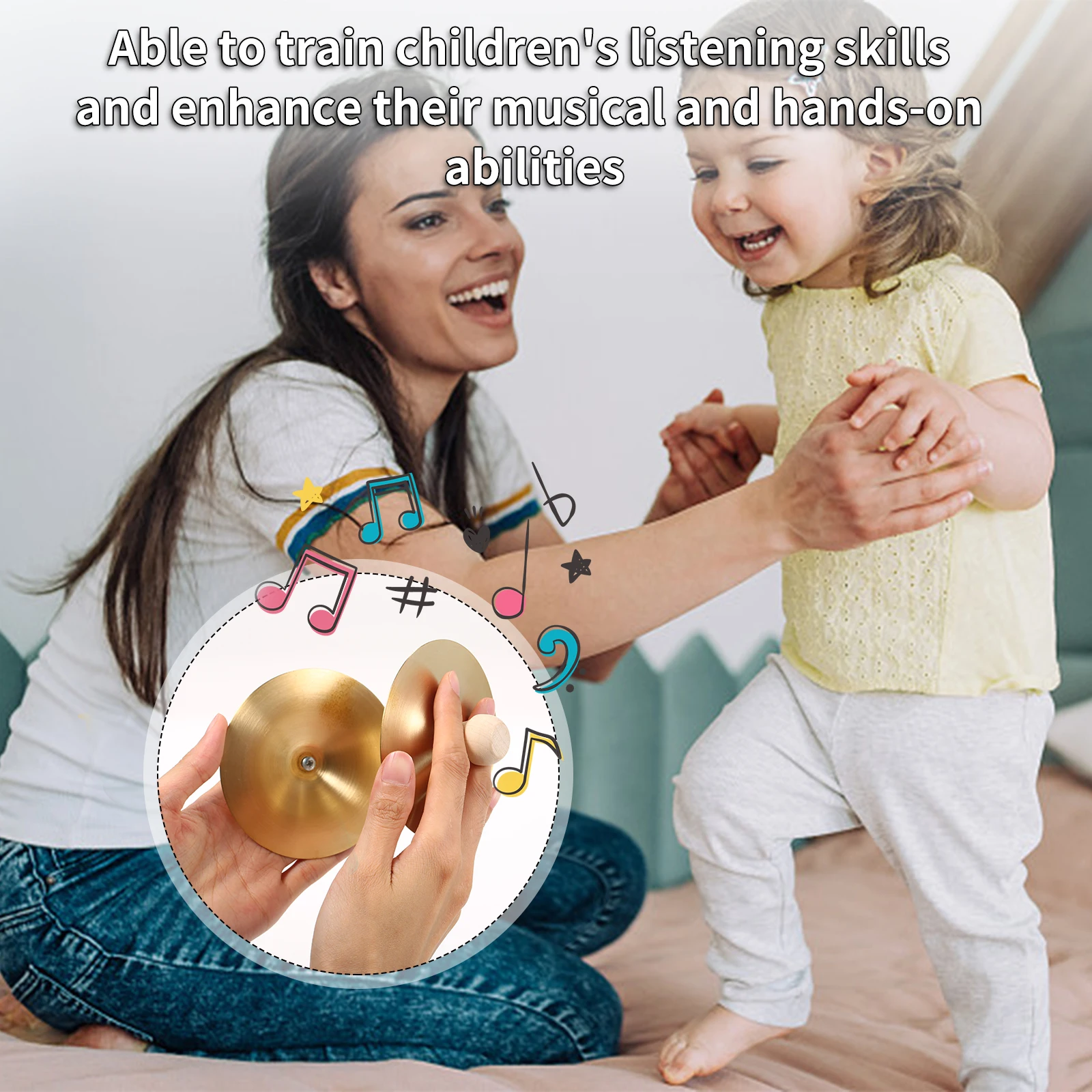 1Pair Copper Cymbal Mini Finger Cymbal 3.5 Inches Wooden Handle Finger Orff Instrument Children Percussion Teaching Aids