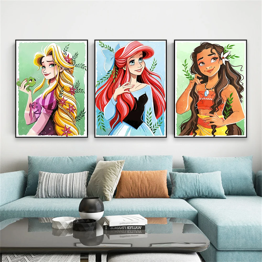 Disney Princess Jasmine Poster Ariel Tiana Princess Prints Cartoon Rapunzel Acquerello Canvas Painting Nursery Wall Art Decor