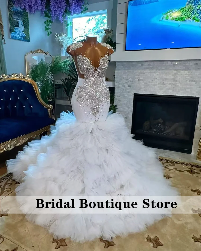White Long Prom Dress Beading Crystal Diamonds Birthday Dress Luxury Ruffles Evening Robe O-Neck Customized
