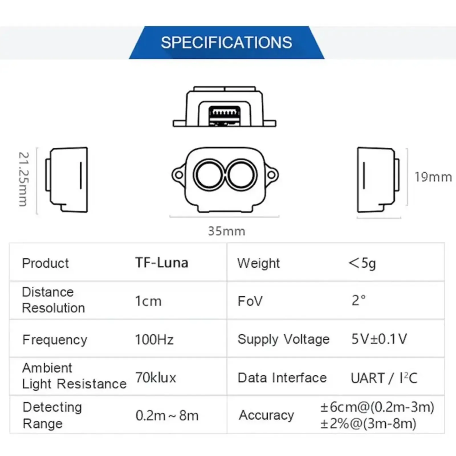 Capteur télémètre LiDAR TF-Luna connecté à une carte de développement, démontrant son interface UART/IIC pour l'intégration système.