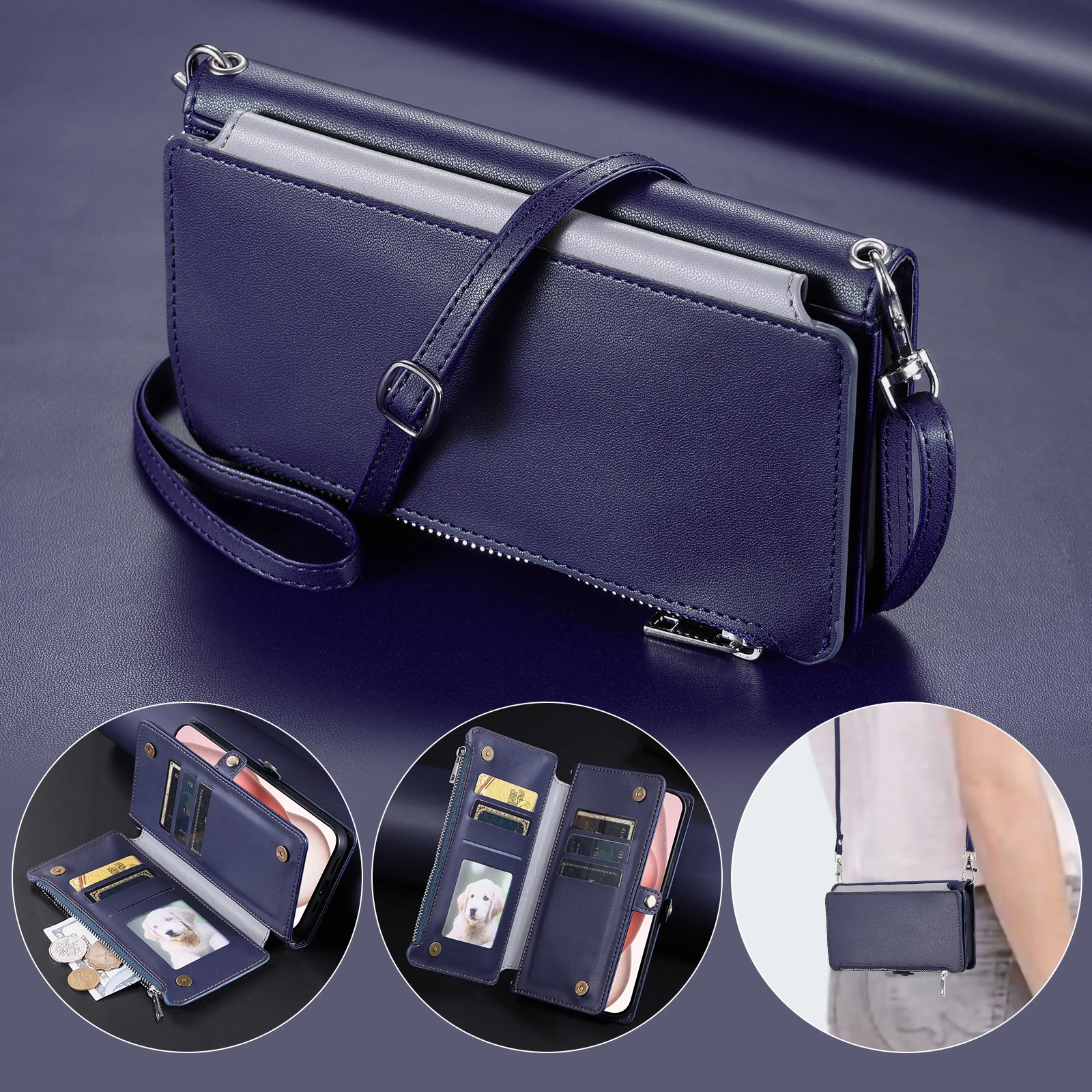Crossbody Zipper Wallet Case with Multi Card Slots and Leather Lanyard Flip Cover