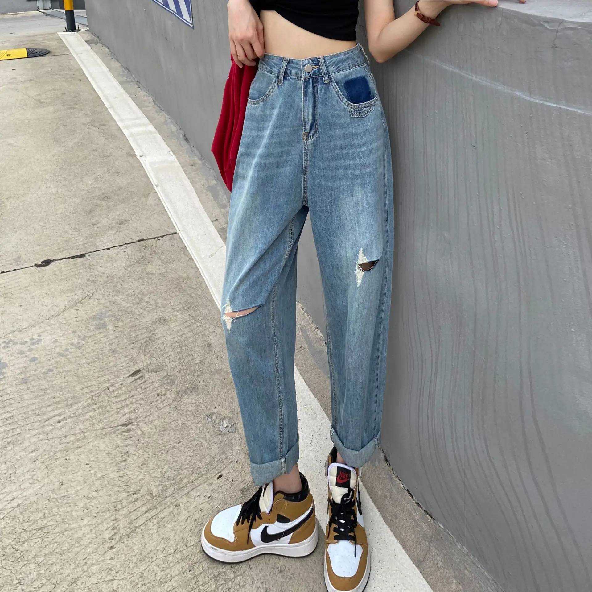 

Women's Jeans Street Casual High Waist Pants Korean Fashion Light Blue Straight Jeans Cotton Loose Blue Hole Female Jeans