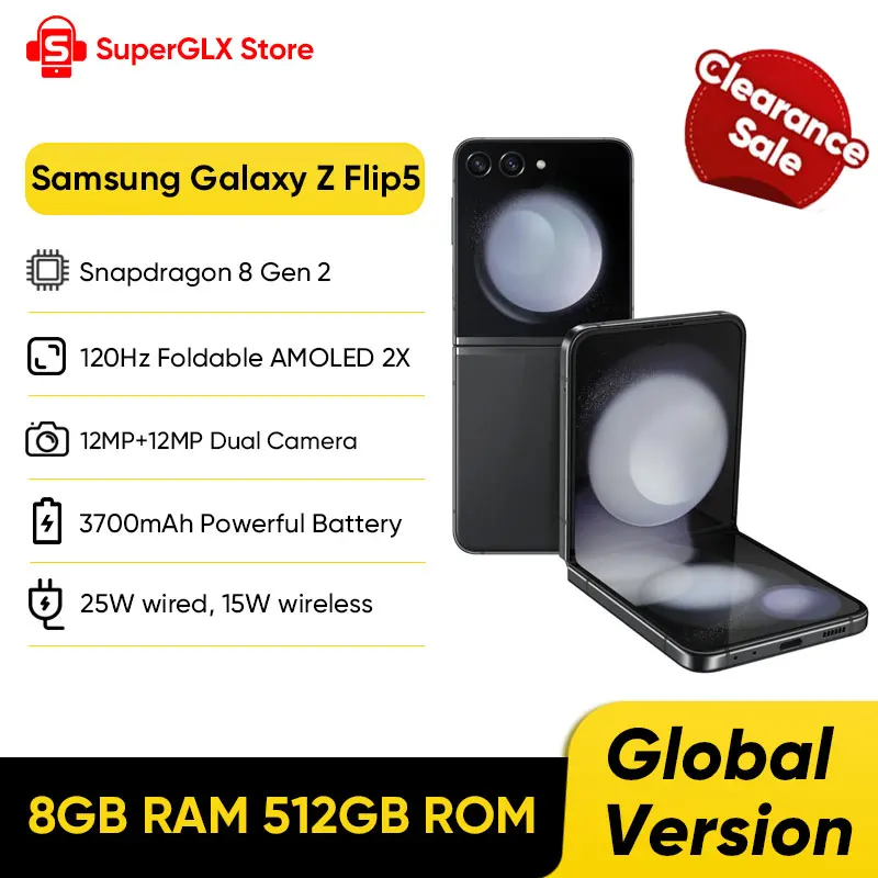 Original Samsung Galaxy Z Flip5 5G Smartphone Global Version Snapdragon 8 Gen 2 Foldable AMOLED 2X 8GB RAM 512GB ROM Unlocked