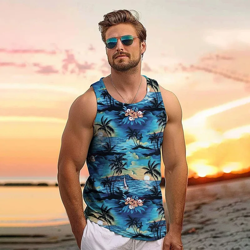 

Harajuku Summer 3D New Tropical Leaves Printed Tank Top Men Coconut Trees Graphic Tank Tops Fashion Cool Vest Streetwear Clothes