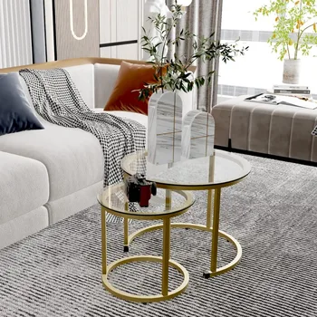 Coffee Table Nesting White Set of 2 Side Set Golden Frame Circular and Marble Pattern Wooden Tables, Living Room Bedroom 4
