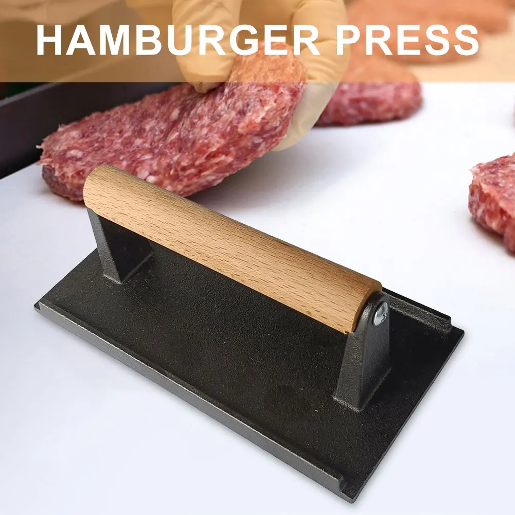 Kitchen Heavy Cast Flat Iron Steak Weight/Bacon Press with Wooden Handle Heavy-Weight Grill Press Commercial Grade Burger burger press