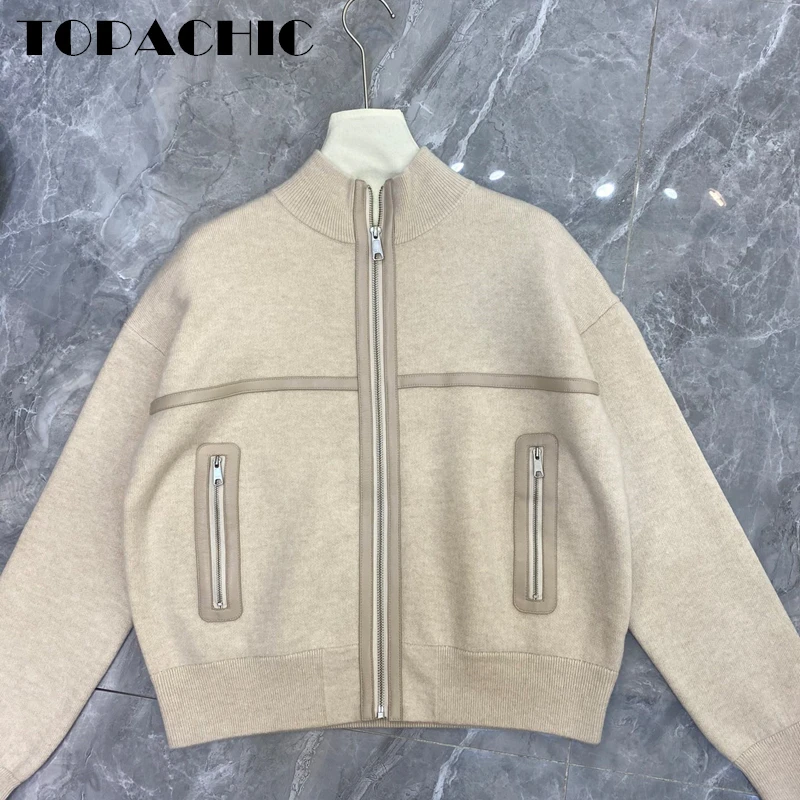 

10.30 TOPACHIC Women's High Quality Stand Collar Spliced Leather Keep Warm Cashmere Knitted Cardigan Sweater