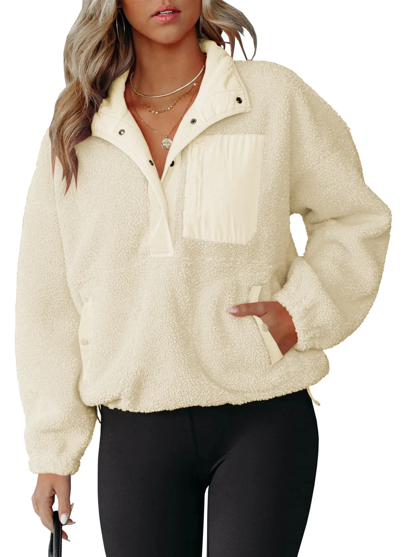 

Autumn Winter Women's Solid Color Half Zipper Pullover Sweater New Plush Pocket Fleece Shirt Top Sweatshirt