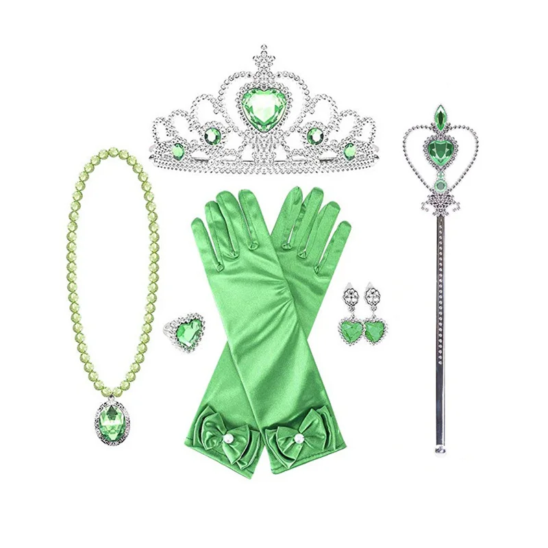 Girls Tiana Princess Accessories Tinker Bell Head Band Crown Wand Gloves Necklace Bracelet Earrings Wing Sets For Kids Party 6