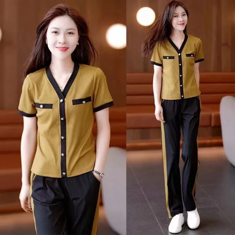 Ice Silk Casual Sports Set Women's Summer New Western Style Small Fragrant Wind Fashionable Wide Leg Pants Two Piece Set