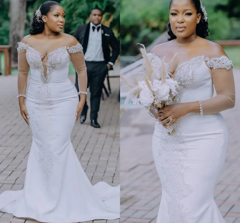 

Plus Size Arabic Aso Ebi Mermaid Lace Sexy Wedding Dress Beaded Crystals Vintage Satin Bridal Gowns 2023 Vestidos De Noiva