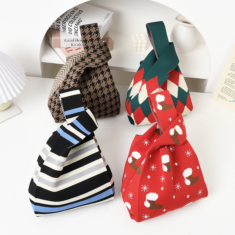 

Big Handmade Knit Handbag Women Mini Knot Wrist-bag Female Casual Color Wide Stripe Plaid Tote Bag Student Reusable Shopping Bag