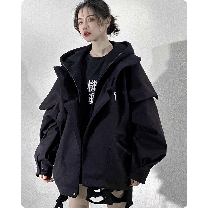 Unisex High Street Functional Cargo Jacket Techwear Fake two-piece Tactical Windbreaker Coats Streetwear Men's clothing Oversize 4