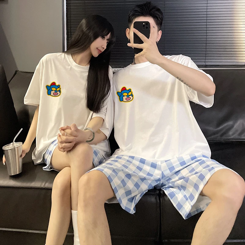 

Летняя Пижама для пары, хлопковая ночная рубашка, одежда для сна для женщин и мужчин, мультяшная Пижама, Корейская свободная Пижама для влюбленных, домашняя одежда, 2 шт.