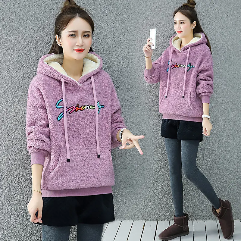 Lamb Wool Warm Hooded Sweater For Women 2023 Autumn/winter New Korean Version Lazy Style Loose Casual Sports Fashion Top