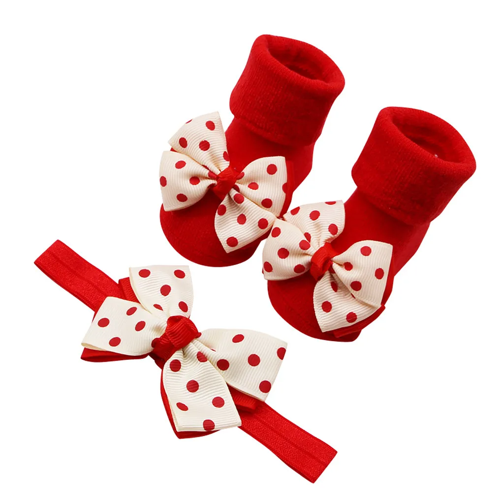Baby Infant Socks +1PC Hair Belt Toddler Girls Point Anti-slip Socks Kids Bright Mom And Kid Matching