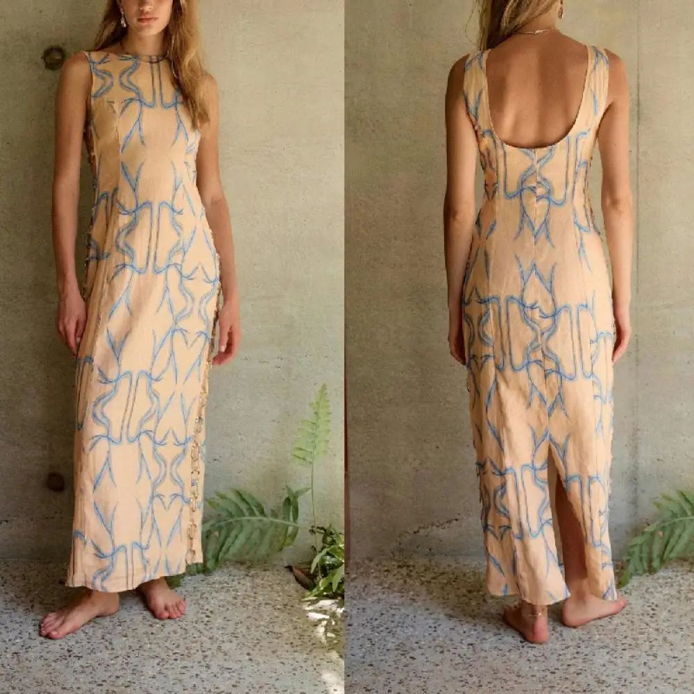 

Women Summer Round Neck Sleeveless Linen Long Dress Side Circular Decor Female Slim Dresses Elegant Printed Lady Robes