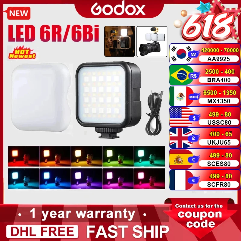 Godox LED 6R RGB 미니 LED 비디오 카메라 조명, 13 FX 효과, 브이로그 비디오 조명, PK VL49 LED 조명
