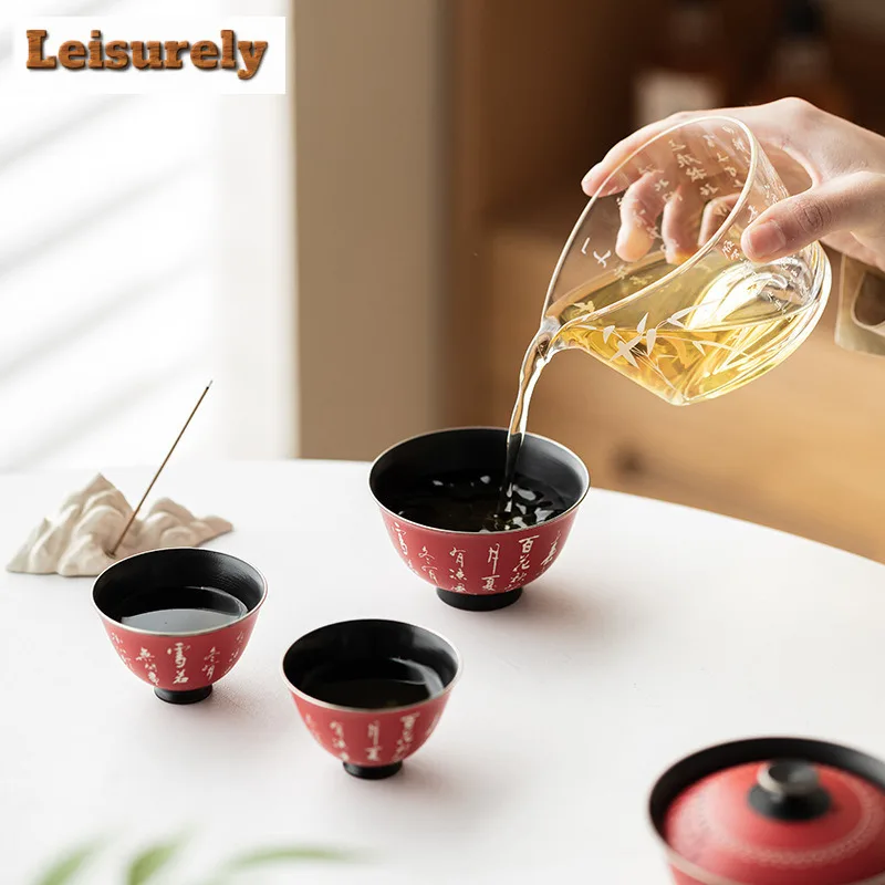 Hand-painted Poetry Red Tea Set Complete Set Vintage Gaiwan Tea Ceremony Set Household Teapot and Tea Cup Set for Tea Decoration