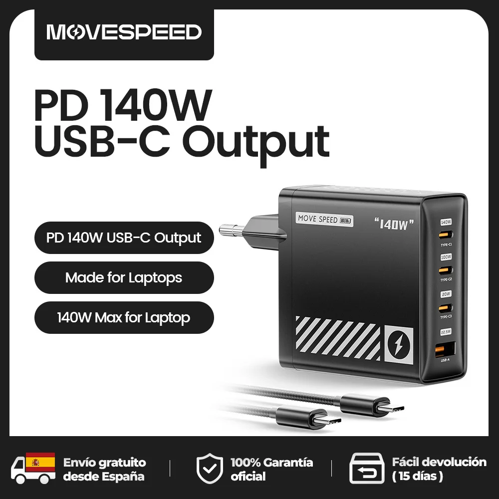 MOVESPEED 140W USB-C Charger PD3.1 High Speed Fast Charging GaN Charger Adapter for MacBook Pro Air Surface Lenovo Dell Laptop