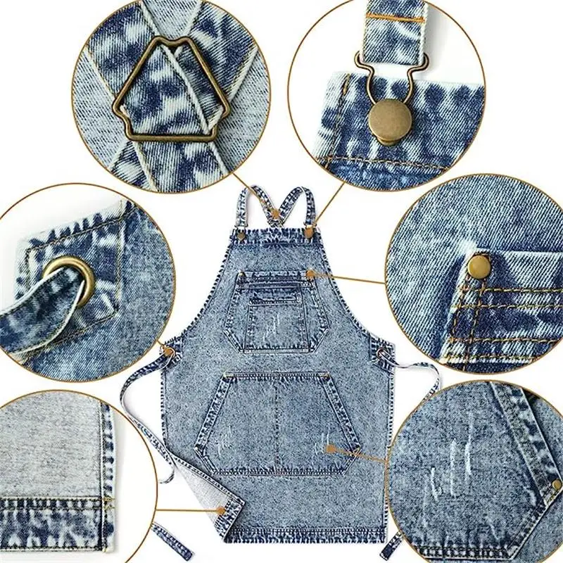 Custom logo Cotton Denim Artist Work Apron with Pockets Straps and Adjustable 4