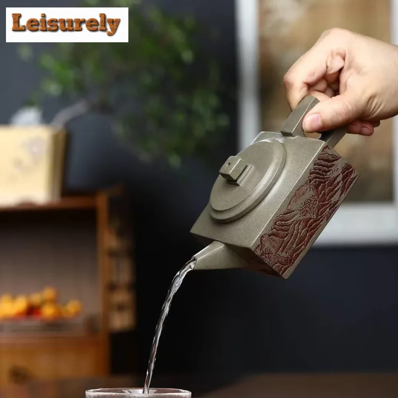 250ml Yixing Purple Clay Teapot Handmade Square Pot Raw Ore Crab Shell Cyan Mud Tea Brewing Kettle With Filter Zisha Teaset Gift