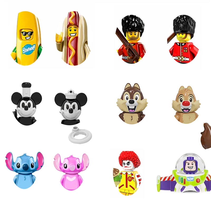 Disney Cartoon-Figuren-Bausteine – verschiedene Hot Dog- und Hai-Cosplay-Ministeine, DIY-Sammelspielzeug für Kinder