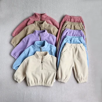 MILANCEL New Autumn Baby Sports Suit Toddler Fleece Solid Color Hoodies Suit Infant Outfit 2PCS 1