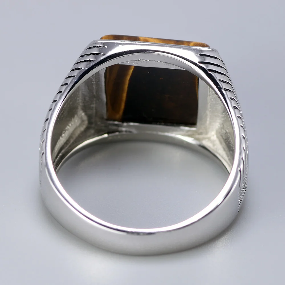 Silver Rings Man Ring Tiger Eyes Natural Stone Stripe Pattern Ringen