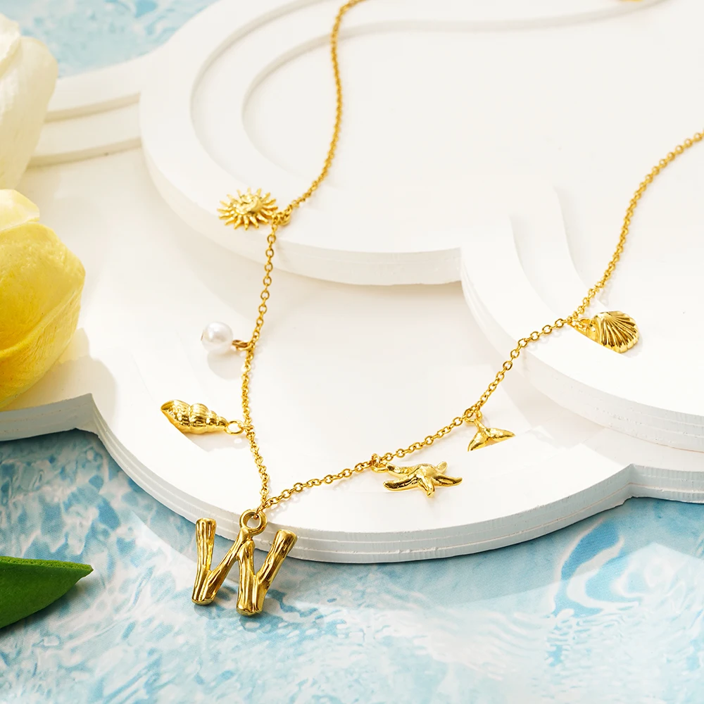 Beach Bohemian Golden Bamboo Shaped Letters Alphabet Neckalce Conch Shell Starfish Pearl Small Pendant Choker Party Jewelry New