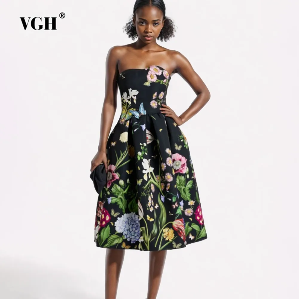 

VGH Hit Color Printing Elegant Dresses For Women Strapless Sleeveless Backless High Waist Temperament Dress Female Fashion New