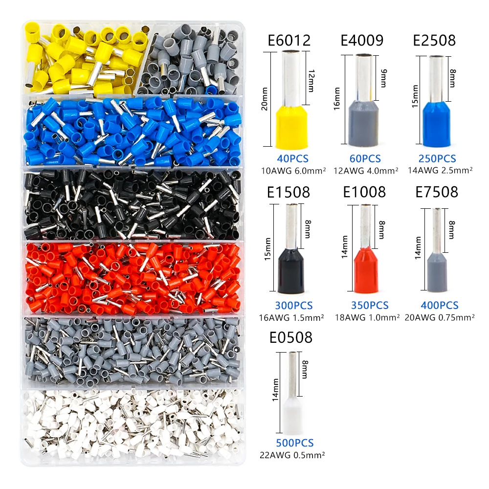1900pcs Insulated Ferrule Terminal Wire Cord End Pressed Crimping Terminal Kit E0508 7508 1008 1508 2508 4009 6012 Brass Set
