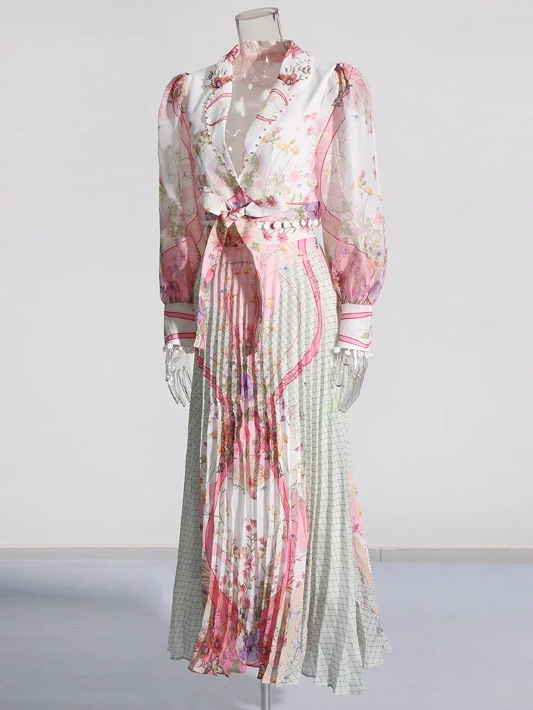 2024 New Colorful Lock Printing Two Piece Set For Women V-neck Light Top Waist A-line Skirt Casual Set Female Spring