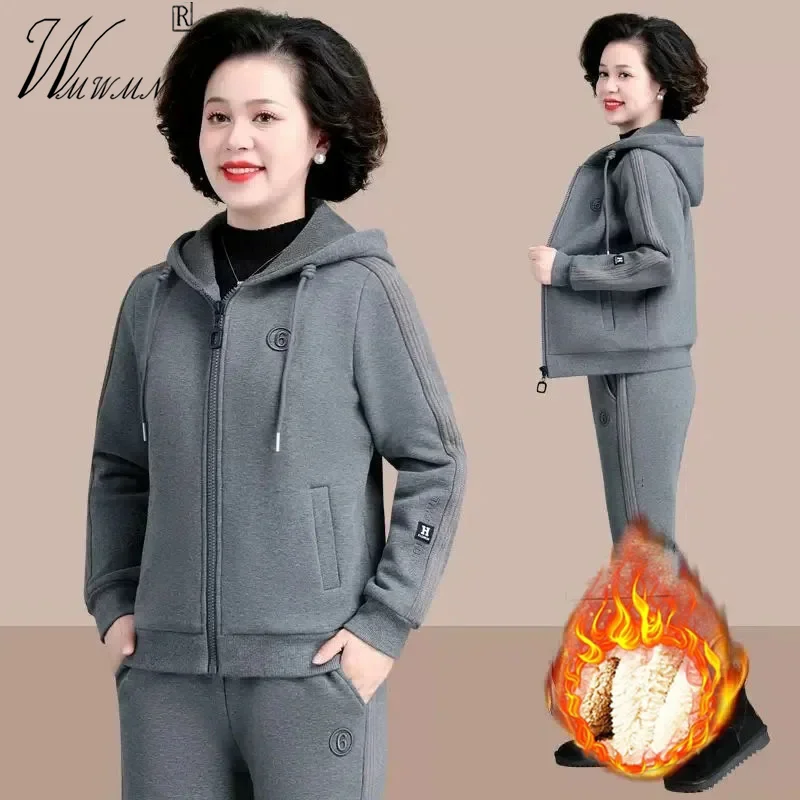 

Plus Velvet Casual Two Piece Set Women Fall Winter Thicken Zipper Hooded Sweatshirt Pant Tracksuit Warm Sweatpants Conjunto Suit