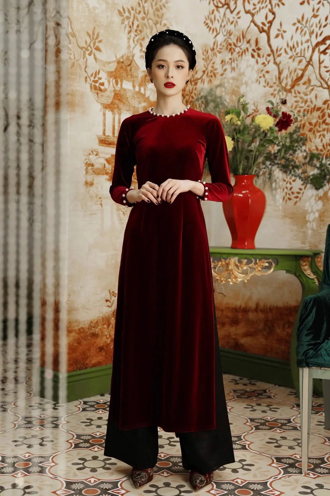 

Настраиваемое темно-красное бархатное женское платье Aodai Vetnam длинное платье Чонсам Aodai вьетнамское традиционное платье