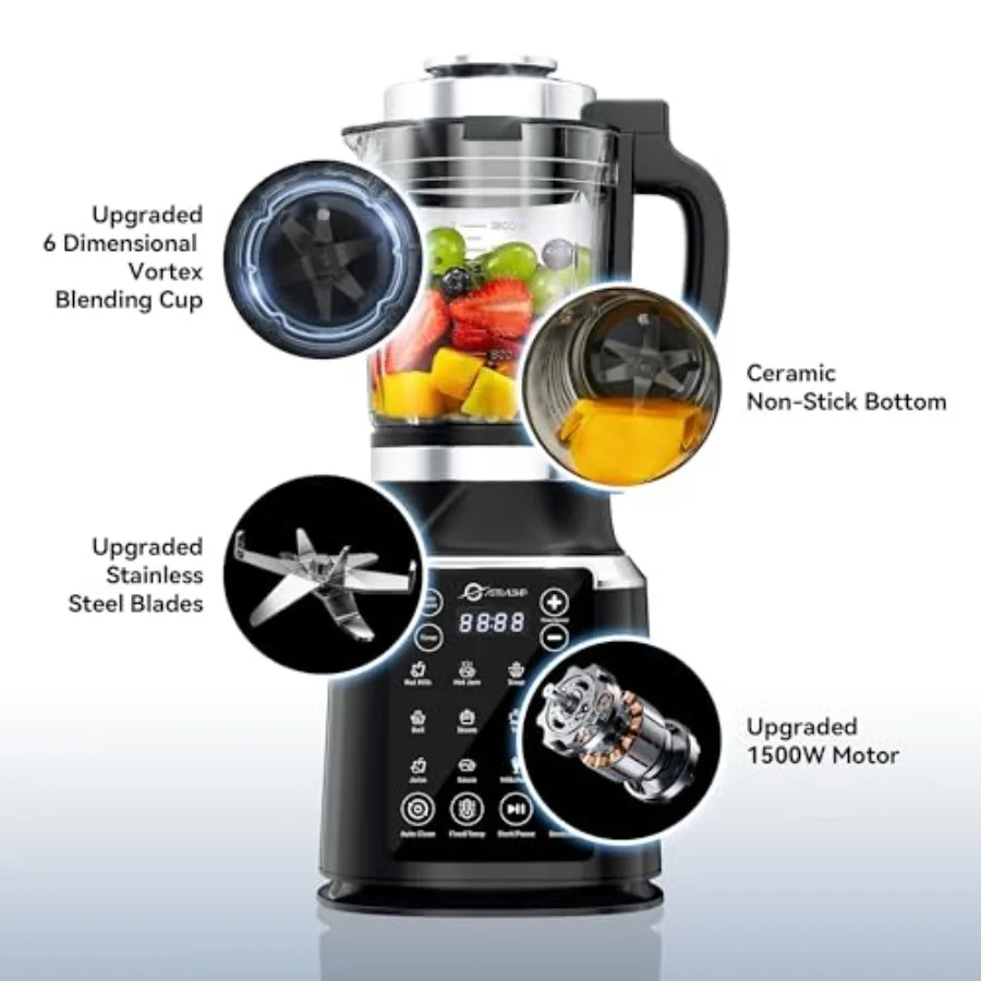 High-Speed Heating Blender for Kitchen Smoothies 1500W Motor with Tamper 9 Adjustable Speeds 14 Preset Programs Glass Jar Stain