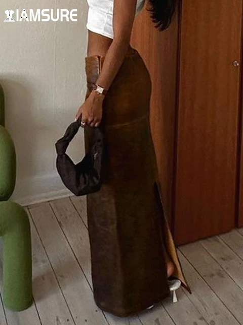 IAMSURE 우아한 패션 PU 가죽 스플릿 스커트