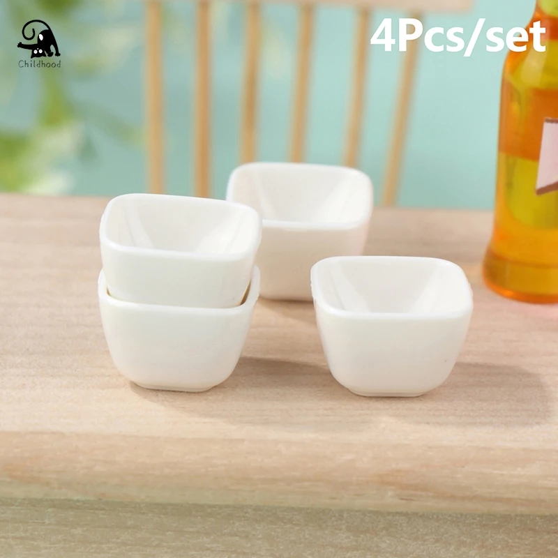 

4Pcs 1:12 Dollhouse Miniature Bowl Square Bowl White Rice Bowl Model Tableware Kitchen Living Scene Decor Toy