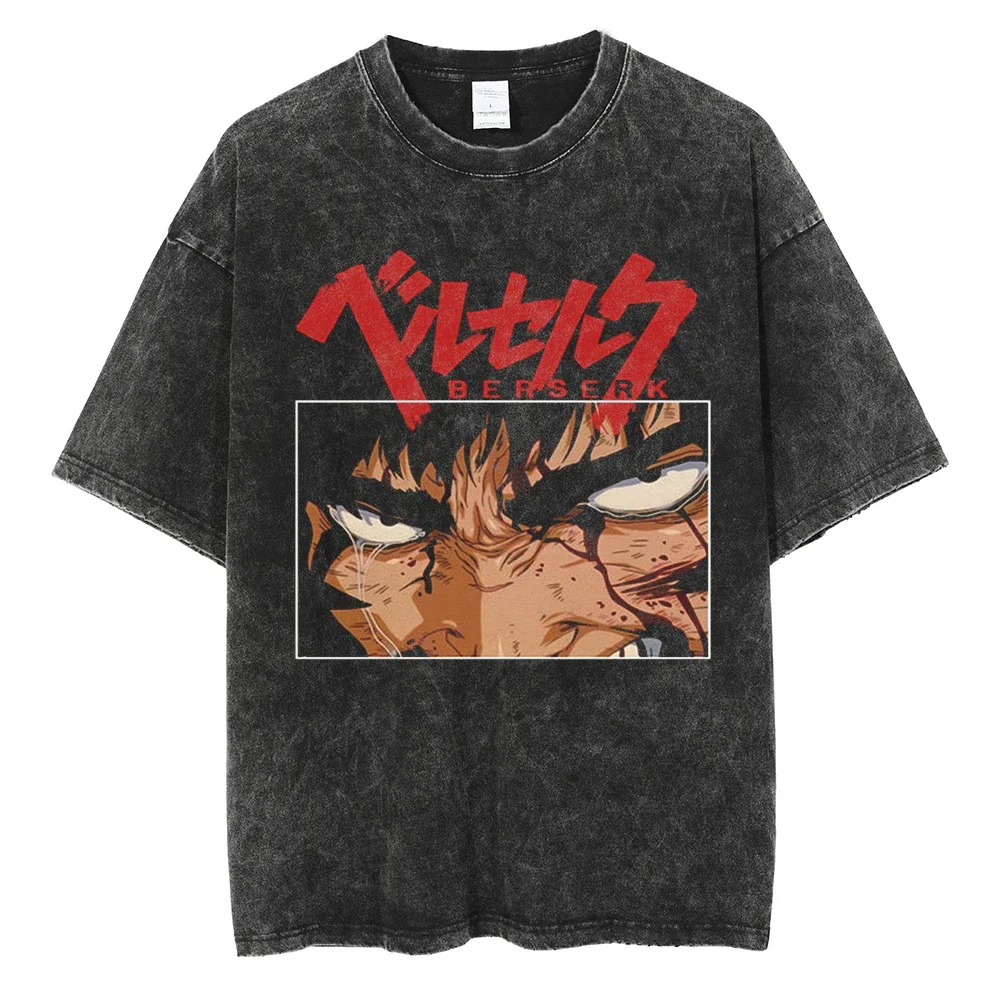 

Men Streetwear T Shirt Washed Black Hip Hop Oversize Tshirt Japanese Anime Berserk Graphic Print T-Shirt Cotton Harajuku Tops