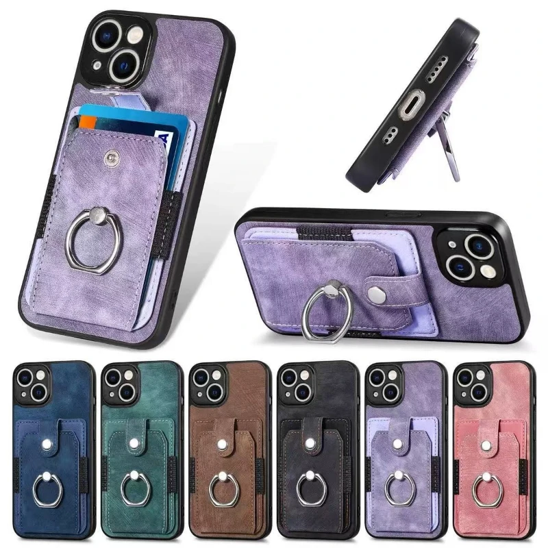 Versatile 360° Rotation Ring Kickstand Leather Wallet Card Holder with Magnetic Car Mount Compatibility