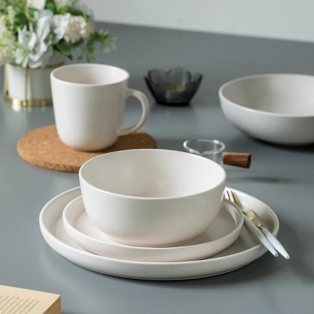 ARORA SKUGGA Round Stoneware 16pc Double Bowl Dinnerware Set for 4, Dinner and Side Plates, Cereal and Pasta Bowls-Matte White